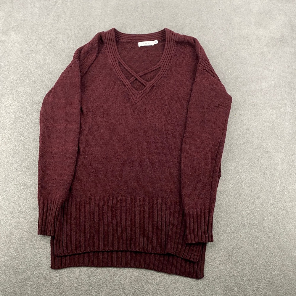 Lush Womens V-Neck Textured‎ Knit Sweater Burgundy Maroon Small LT12708-S01